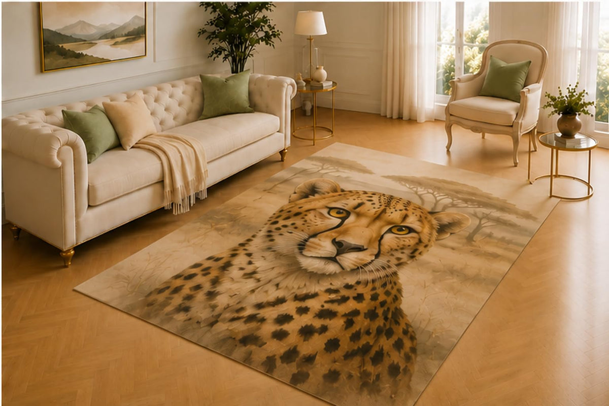 ICE ARMOR 5' x 7' Cheetah Rug, African Big Cat Artwork with Savanna Trees, Smooth Printed Floor Cover for Bedroom, Nursery, Playroom and Safari Theme Decor