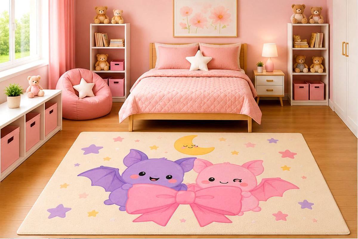 ICE ARMOR 5' x 7' Cute Baby Bats with Pink Bow Area Rug for Girls Bedroom Nursery Playroom Scandinavian Minimalist Kawaii Halloween Decor Non-Slip Silicone Backing Low Pile