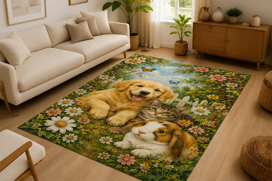 ICE ARMOR 5' x 7' Pet Friends Garden Area Rug Soft Low Pile Indoor Rug with Non Slip Silicone Backing Cute Animal Decor Carpet for Living Room Bedroom Nursery Kids Room Playroom Multicolor