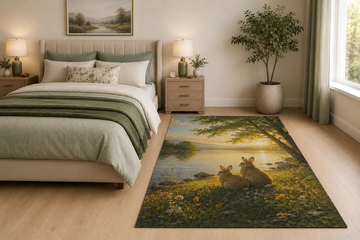 ICE ARMOR "Ultra Light Weight 5' x 7' Lakeside Rabbit Pair Area Rug for Living Room, Bedroom and Home Office, Soft Low Pile Carpet with Non-Slip Silicone Backing, Green and Brown