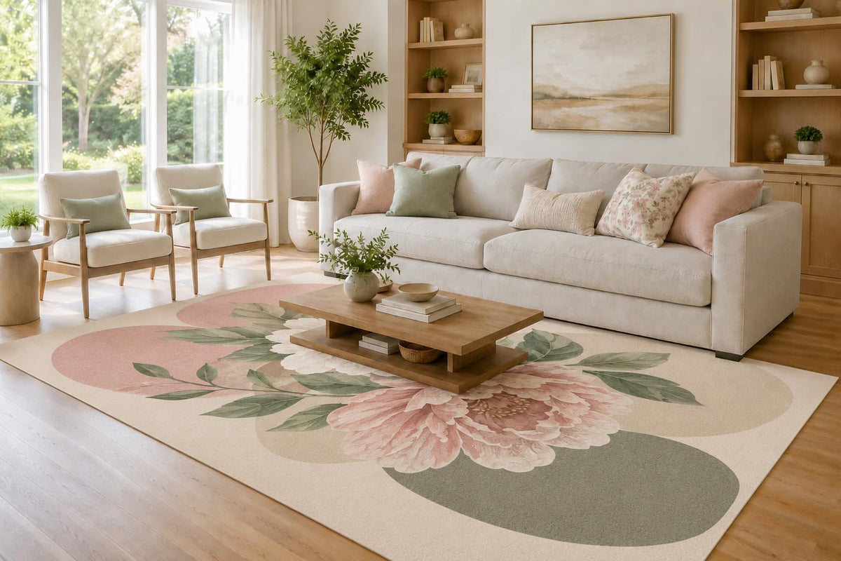 ICE ARMOR Large 6'7" x 9'10" Blush and Sage Green Abstract Peony Shapes Area Rug for Living Room, Soft Low Pile Carpet with Non-Slip Silicone Backing, Decor for Bedroom and Home Office