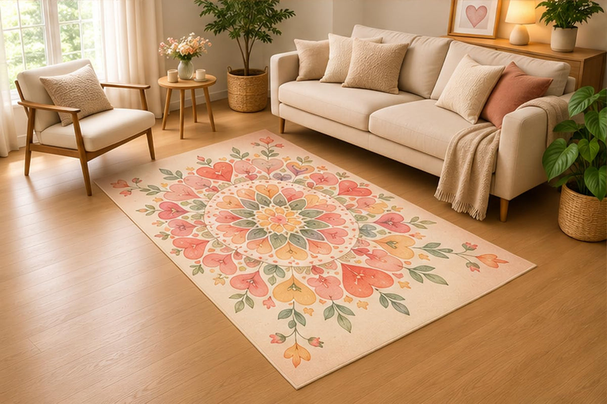 ICE ARMOR 5' x 7' Heart Mandala Floral Area Rug, Soft Low Pile Indoor Rug with Non-Slip Silicone Backing for Living Room, Bedroom, Office, Family Room, Boho Decor, Pink Peach Green