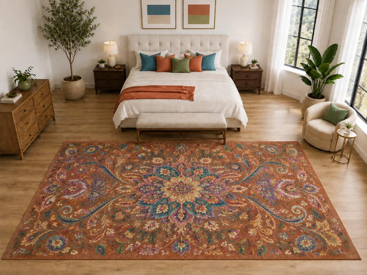 ICE ARMOR "Ultra Light Weight Large 6'7" x 9'10" Vintage Floral Medallion Rug, Soft Low Pile Indoor Rug, Non-Slip Silicone Backing for Bedroom Rust
