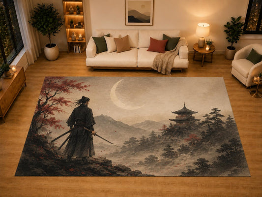 ICE ARMOR "Ultra Light Weight Large 6'7" x 9'10" Crescent Moon Swordsman Area Rug for Living Room Bedroom Dining Area, Soft Low Pile Non-Slip Backing, Beige Black Red Japanese Inspired Decor