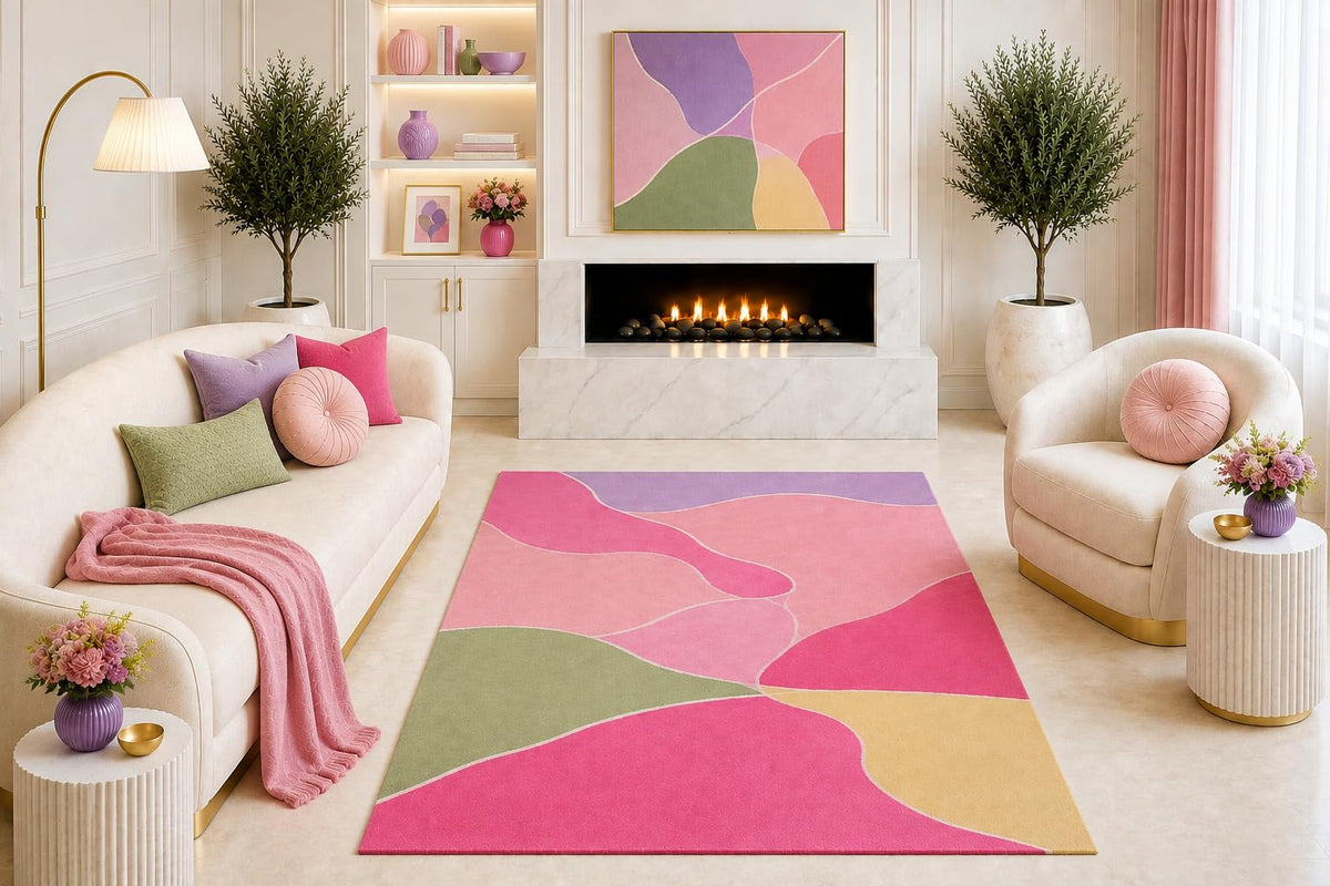 ICE ARMOR "Ultra Light Weight 5' x 7' Pink Lavender Abstract Area Rug, Modern Organic Color Block Design for Living Room Bedroom Dining Room Office, Non-Slip Silicone Backing Low Pile