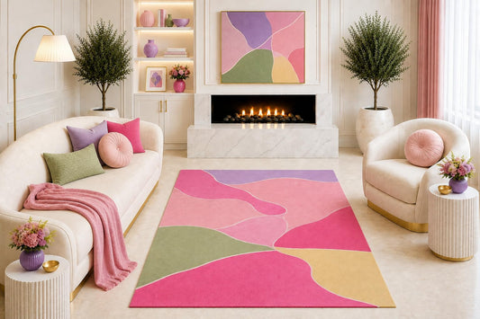 ICE ARMOR "Ultra Light Weight 5' x 7' Pink Lavender Abstract Area Rug, Modern Organic Color Block Design for Living Room Bedroom Dining Room Office, Non-Slip Silicone Backing Low Pile