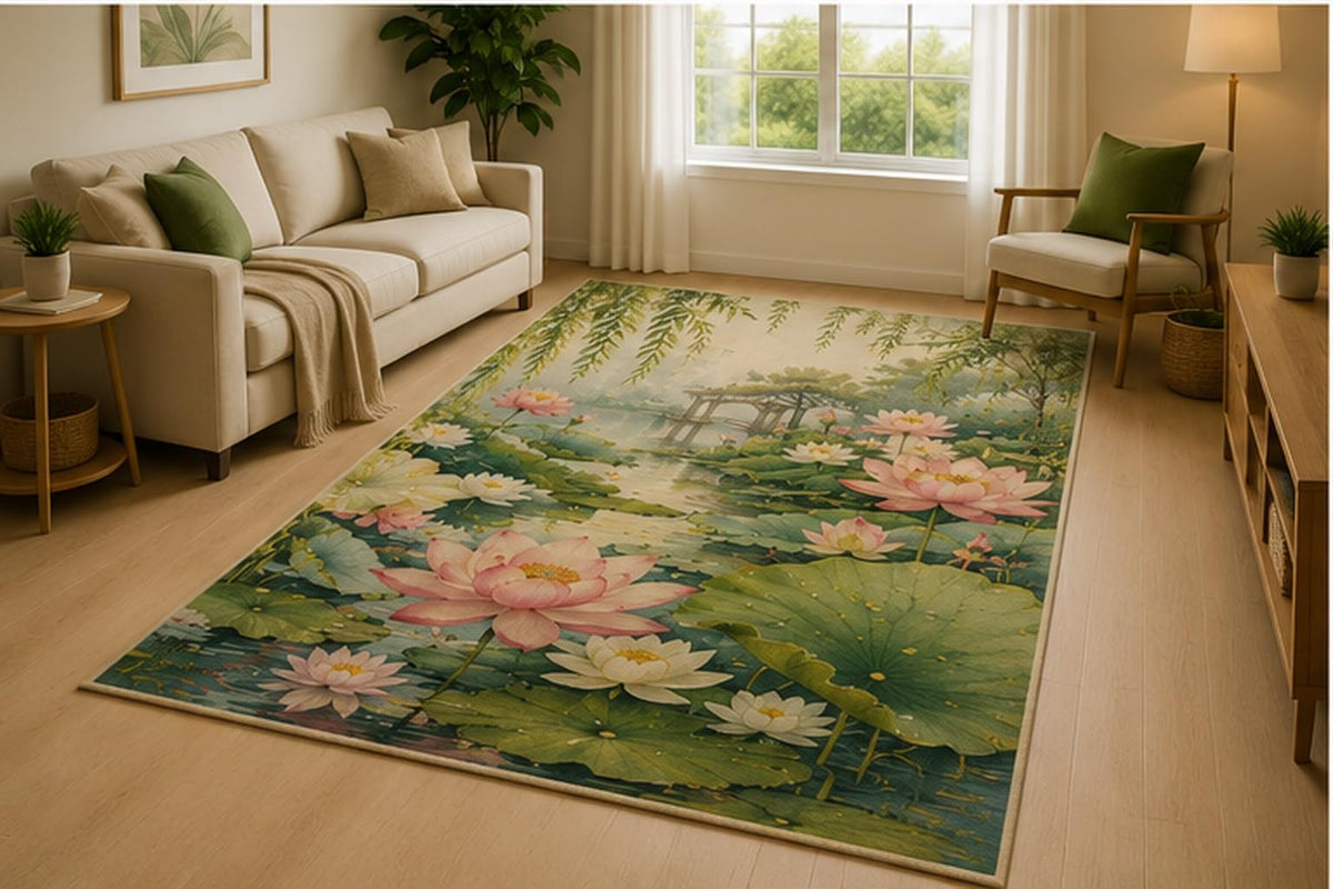 ICE ARMOR 5' x 7' Peaceful Lotus Garden Area Rug for Living Room, Soft Low Pile Indoor Rug with Non-Slip Silicone Backing, Bedroom, Family Room, Green Pink