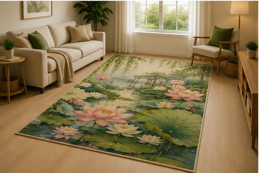 ICE ARMOR 5' x 7' Peaceful Lotus Garden Area Rug for Living Room, Soft Low Pile Indoor Rug with Non-Slip Silicone Backing, Bedroom, Family Room, Green Pink