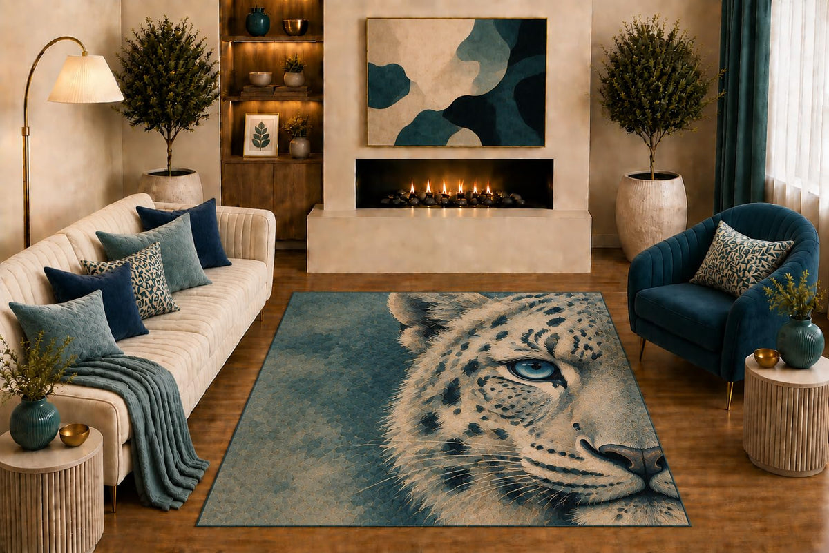 ICE ARMOR "Ultra Light Weight 5' x 7' Snow Leopard Area Rug Modern Wildlife Face Portrait Art Blue Beige for Living Room Bedroom Office Cabin Decor Non-Slip Silicone Backing Low Pile