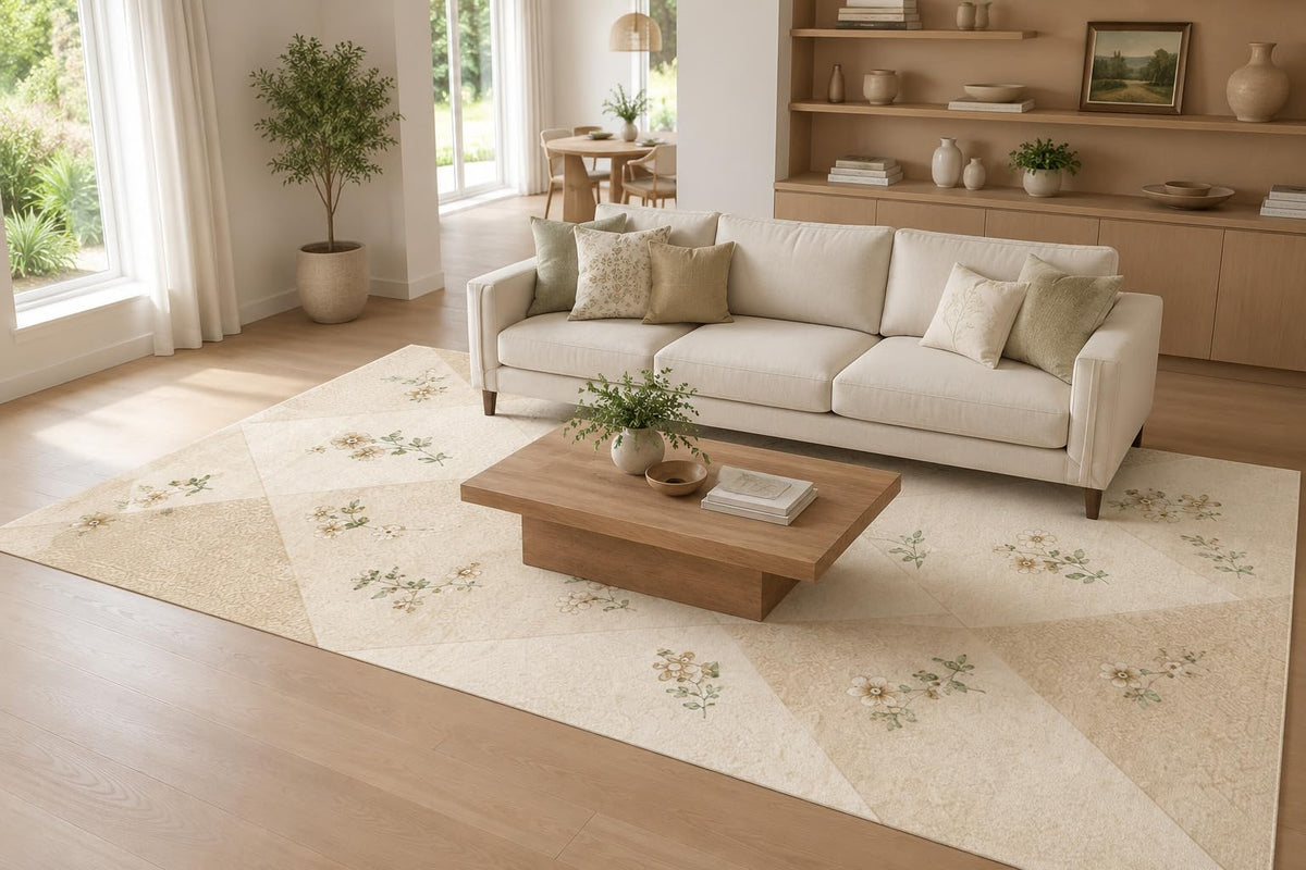 ICE ARMOR Large 6'7" x 9'10" Ivory and Beige Delicate Patchwork Bloom Area Rug for Living Room, Soft Low Pile Carpet with Non-Slip Silicone Backing, Decor for Bedroom, Dining Area and Home Office