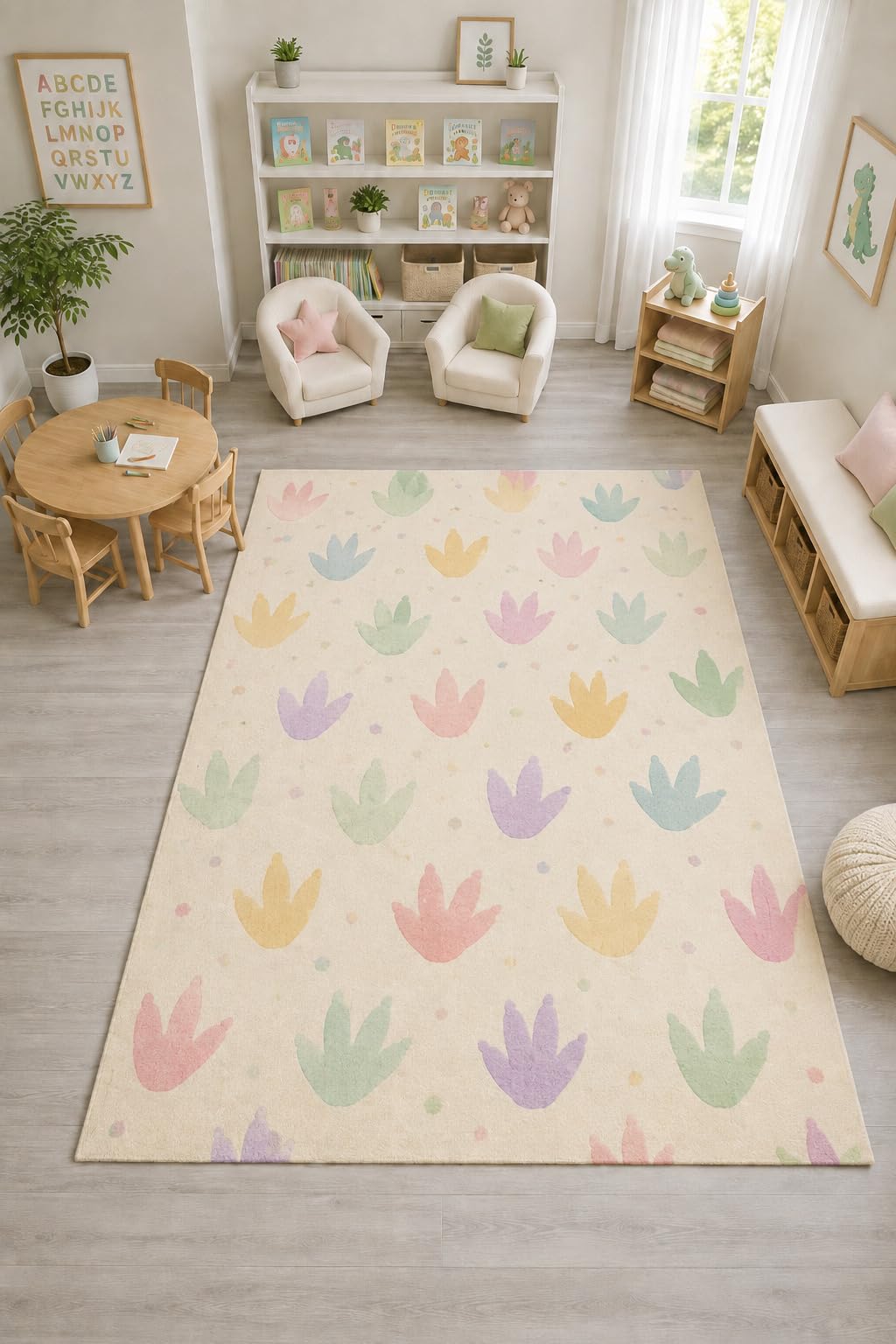 ICE ARMOR "Ultra Light Weight Large 6'7" x 9'10" Dinosaur Footprints Rug, Soft Low Pile Indoor Rug, Non-Slip Silicone Backing Nursery Kids Room Cream
