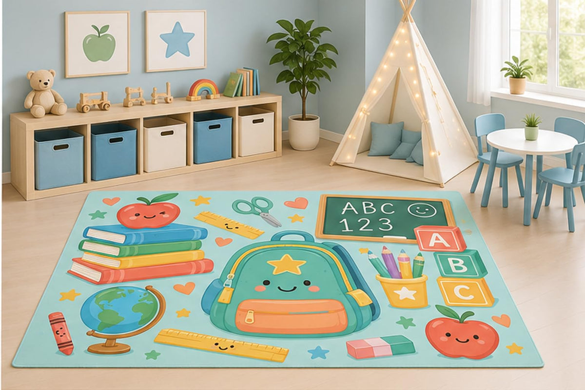 ICE ARMOR 5' x 7' School Learning Area Rug for Kids Playroom Nursery Bedroom, Backpack Books ABC Blocks Globe Chalkboard Classroom Educational Cartoon Decor, Non-Slip Silicone Backing Low Pile