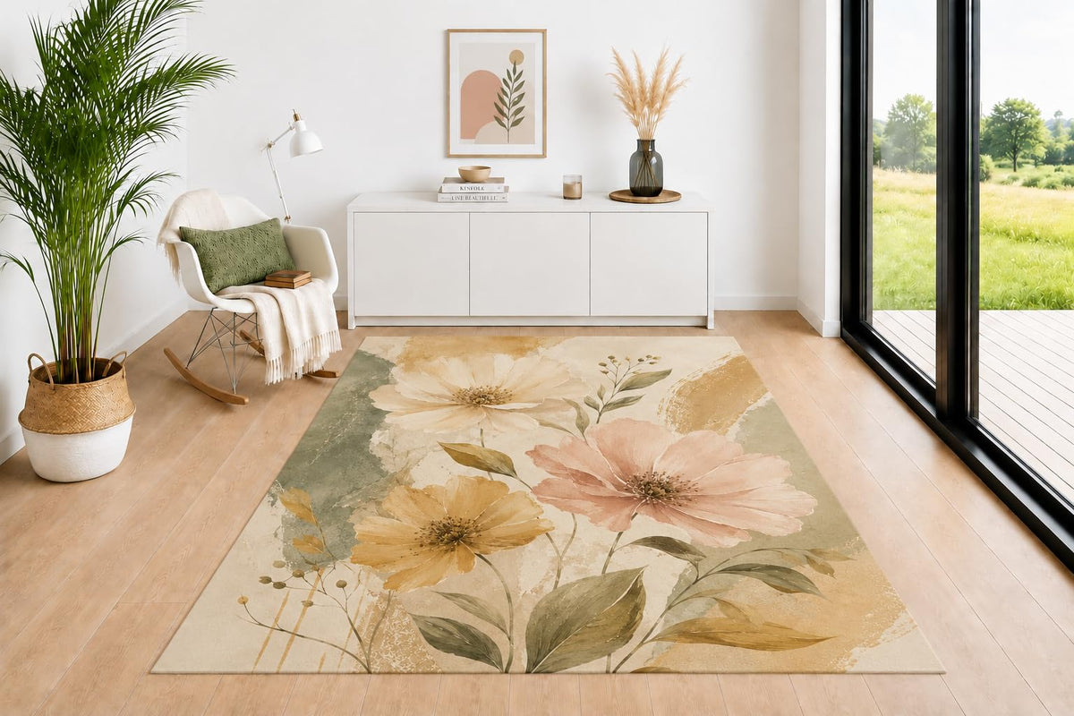 ICE ARMOR 5' x 7' Zen Area Rug, Lotus Leaf and Flowing Water Pattern in Sage Green Beige Cream Earth Tones, Modern Floor Carpet for Living Room Bedroom Office Decor