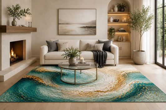 ICE ARMOR 6'7" x 9'10" Teal, Cream and Metallic Beige Spiral Currents Area Rug for Living Room, Soft Low Pile with Non-Slip Backing, Bedroom, Dining Area and Office Decor