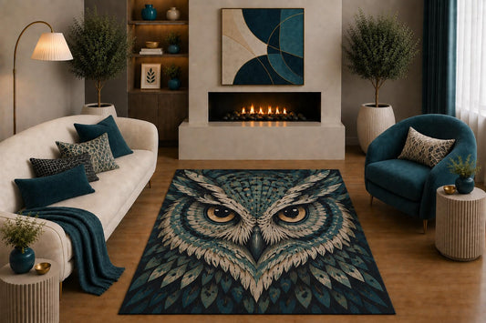 ICE ARMOR "Ultra Light Weight 5' x 7' Teal Owl Area Rug Boho Feather Bird Wildlife Portrait Art for Living Room Bedroom Office Decor Non-Slip Silicone Backing Low Pile