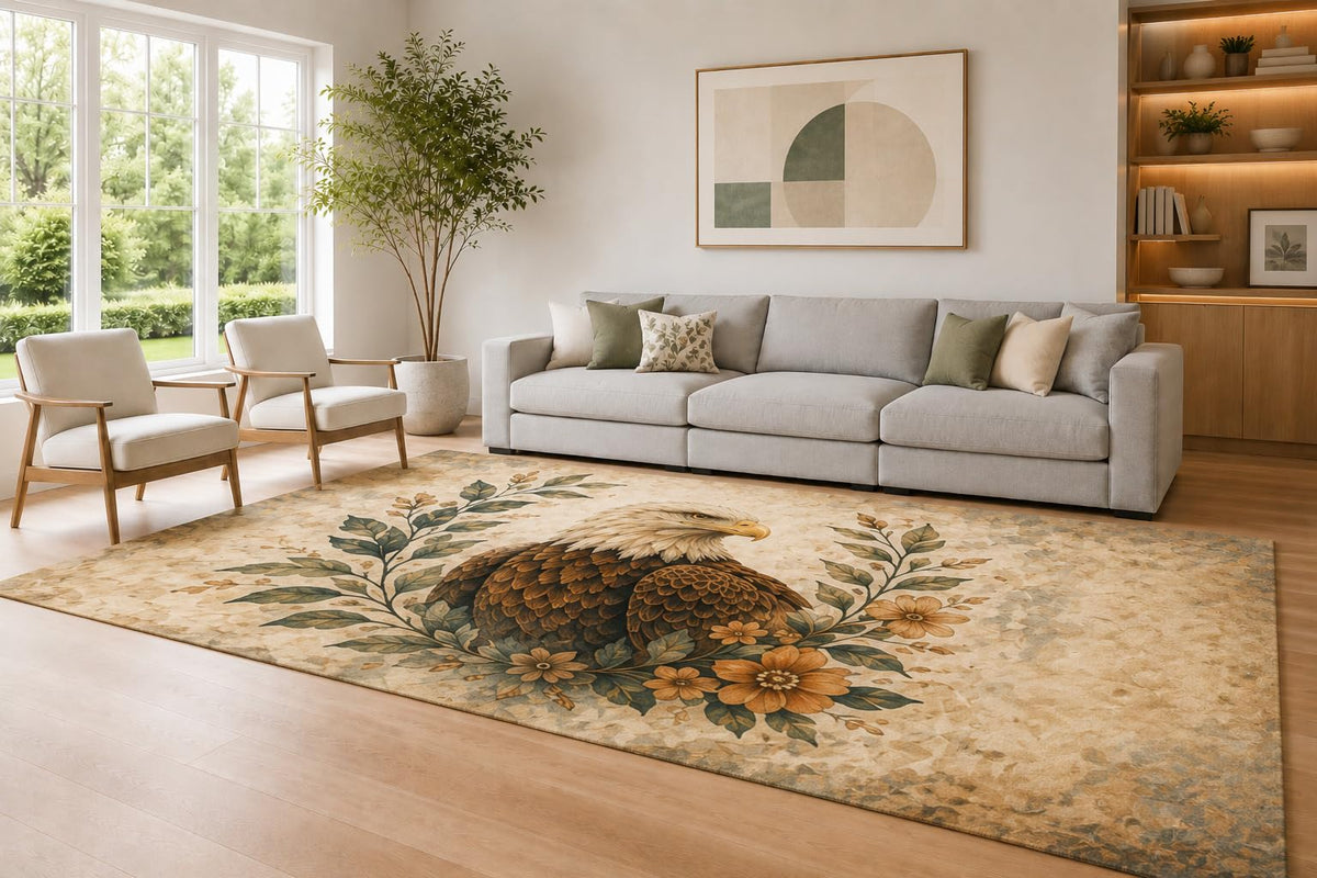 ICE ARMOR Large 6'7" x 9'10" Beige and Taupe Botanical Eagle Area Rug for Living Room, Soft Low Pile Carpet with Non-Slip Silicone Backing, Decor for Bedroom Dining Room and Home Office