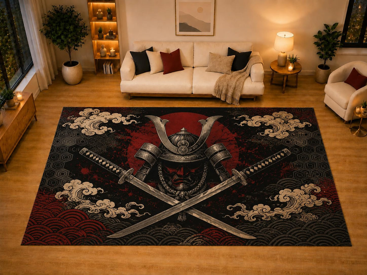 ICE ARMOR "Ultra Light Weight Large 6'7" x 9'10" Samurai Helmet Crossed Swords Area Rug for Living Room Bedroom Dining Area, Soft Low Pile Non-Slip Backing, Red Black Beige Japanese Decor