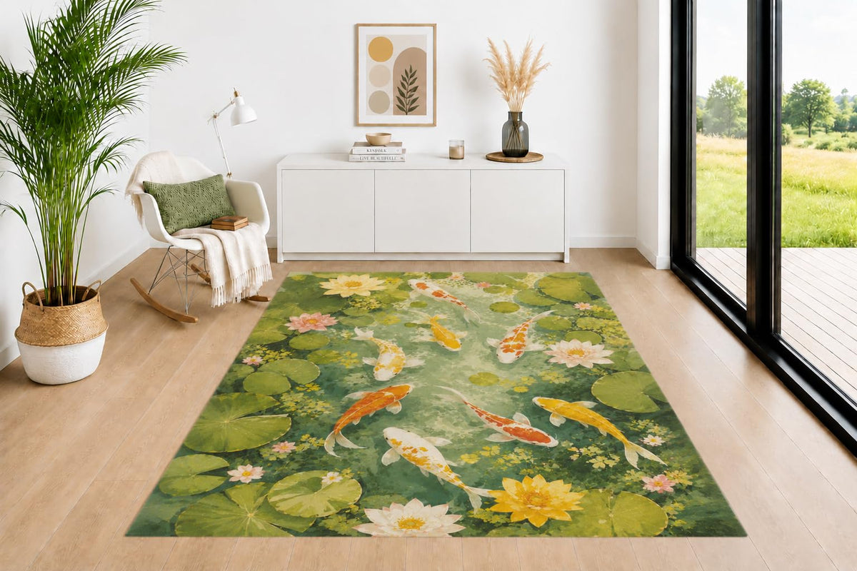 ICE ARMOR 5' x 7' Koi Fish Pond Area Rug for Living Room, Soft Low Pile Indoor Rug with Non-Slip Backing, Water Lily Carpet for Bedroom, Dining Room, Office, Green