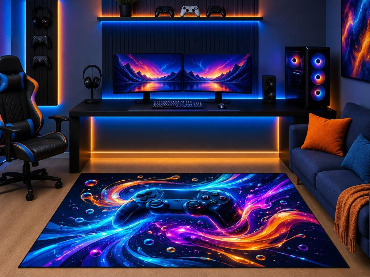 ICE ARMOR 5' x 7' Vibrant Neon Gaming Controller Area Rug Abstract Energy Splash Art Gamer Bedroom Game Room Modern Decor Non-Slip Silicone Backing Low Pile
