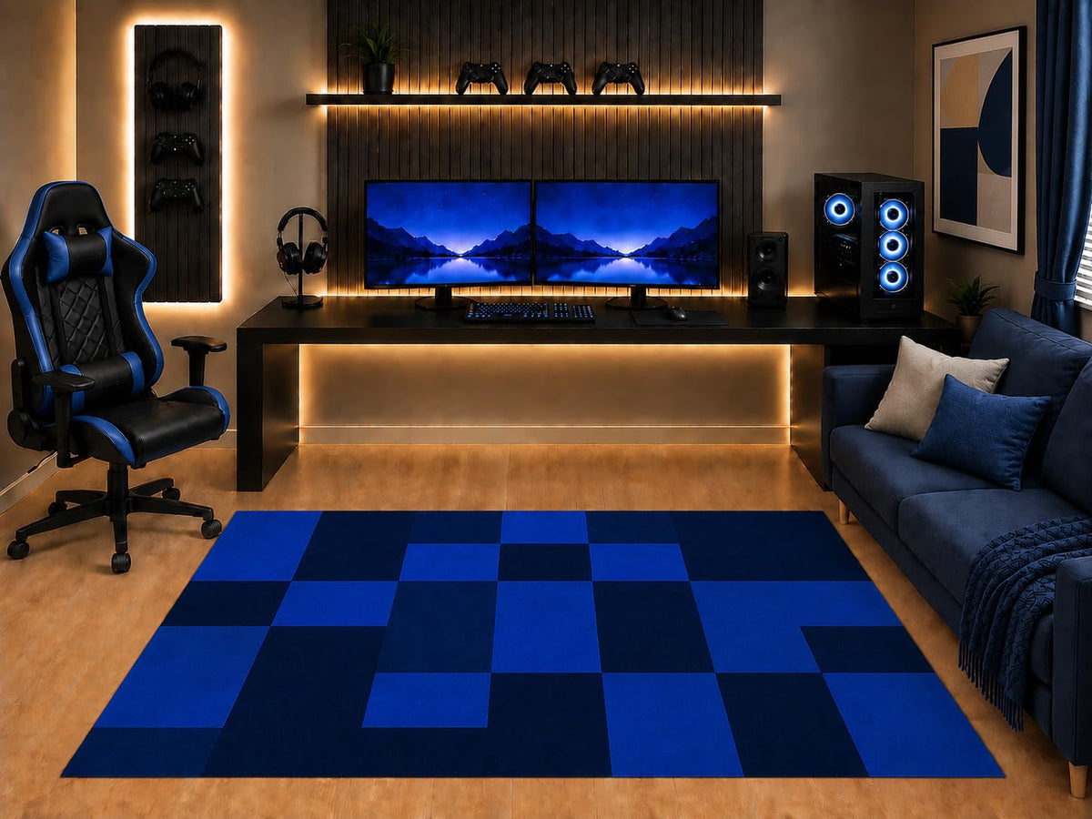 ICE ARMOR "Ultra Light Weight 5' x 7' Navy Blue Block Area Rug Modern Geometric Checkered Design for Boys Teen Bedroom Gaming Room Living Room Non-Slip Silicone Backing Low Pile
