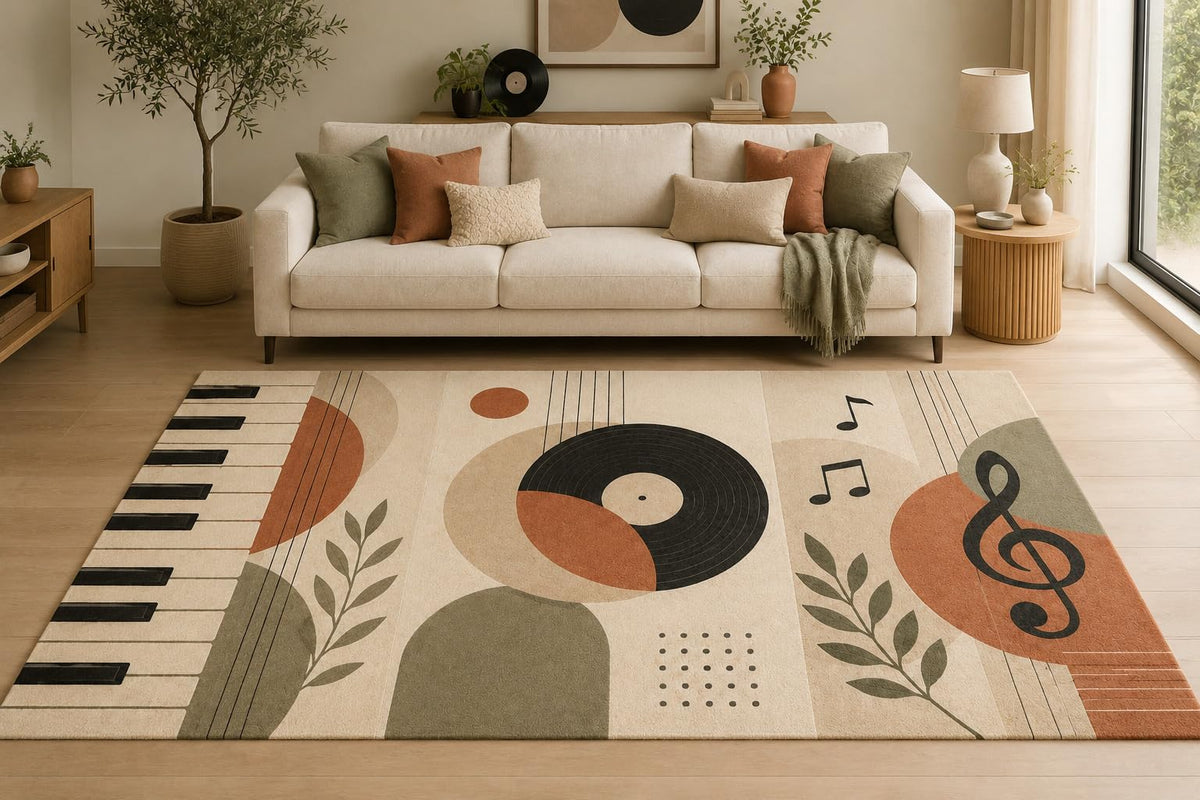 ICE ARMOR "Ultra Lightweight Large 6'7" x 9'10" Retro Music Collage Area Rug for Living Room, Bedroom and Home Office, Soft Low Pile Carpet with Non-Slip Silicone Backing, Beige and Black
