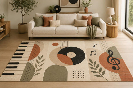 ICE ARMOR "Ultra Lightweight Large 6'7" x 9'10" Retro Music Collage Area Rug for Living Room, Bedroom and Home Office, Soft Low Pile Carpet with Non-Slip Silicone Backing, Beige and Black