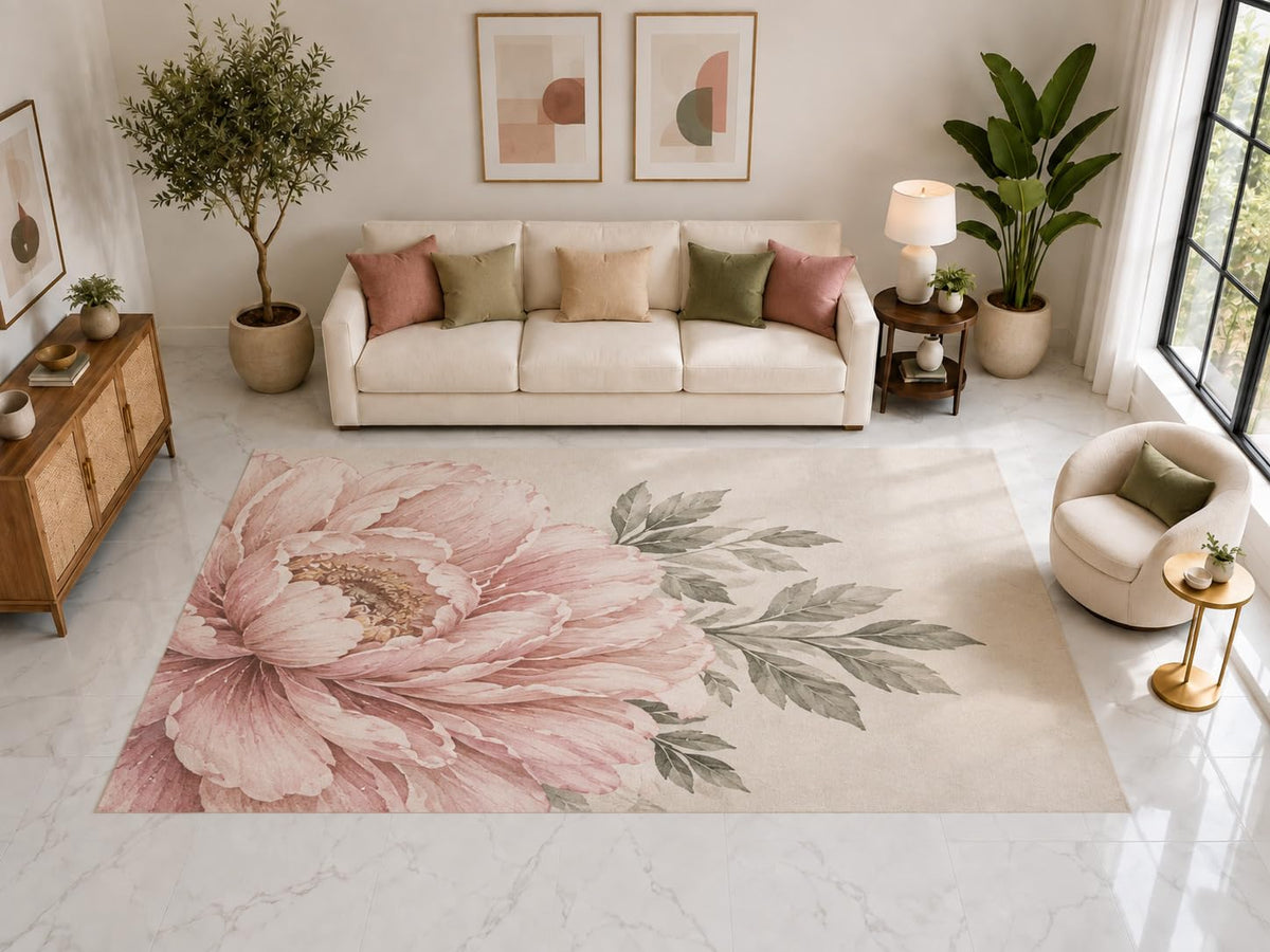 ICE ARMOR "Ultra Light Weight Large 6'7" x 9'10" Corner Peony Floral Rug, Soft Low Pile Indoor Rug, Non-Slip Silicone Backing for Living Room Pink