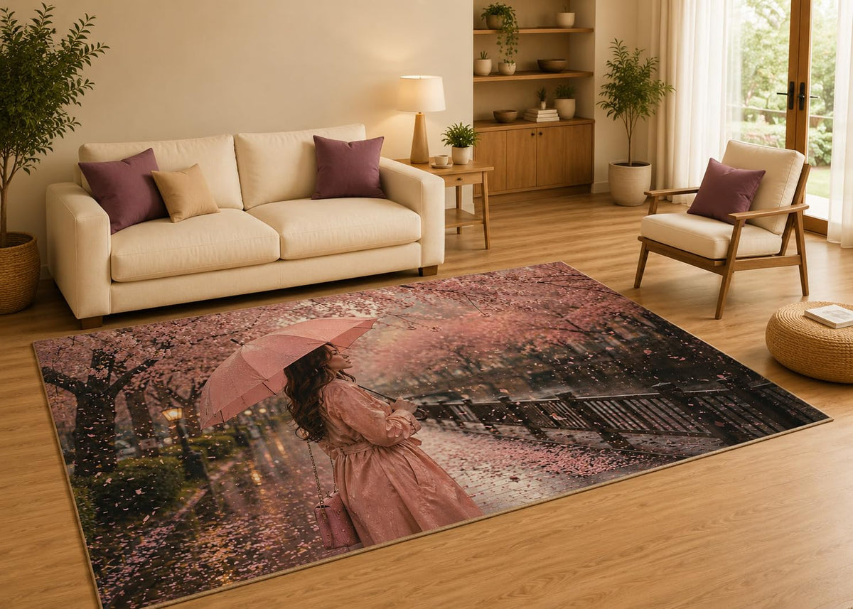 ICE ARMOR 5' x 7' Cherry Blossom Woman Area Rug with Non-Slip Silicone Backing Low Pile Soft Carpet for Living Room Bedroom Romantic Spring Decor