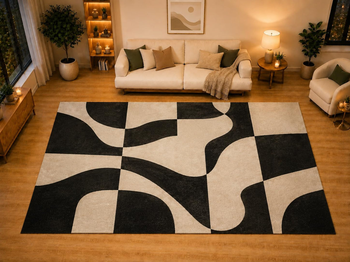 ICE ARMOR "Ultra Light Weight Large 6'7" x 9'10" Monochrome Fluid Grid Area Rug for Living Room, Bedroom, Dining Room, Soft Low Pile Non-Slip Backing, Black Ivory