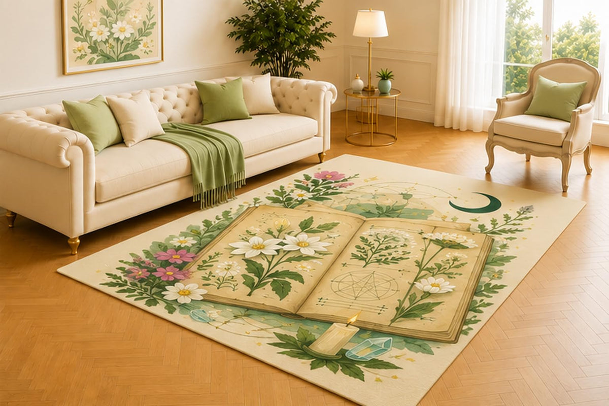 ICE ARMOR 5' x 7' Botanical Spellbook Rug, Open Herbal Journal, Candle, Crystal and Crescent Moon on Cream, Whimsical Decor for Study, Bedroom or Creative Space