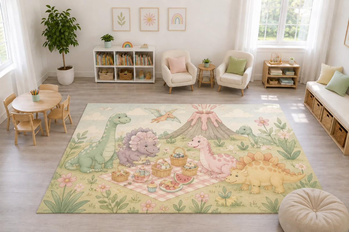 ICE ARMOR "Ultra Light Weight Large 6'7" x 9'10" Dinosaur Volcano Picnic Rug, Soft Low Pile Indoor Rug, Non-Slip Silicone Backing Nursery Kids Green