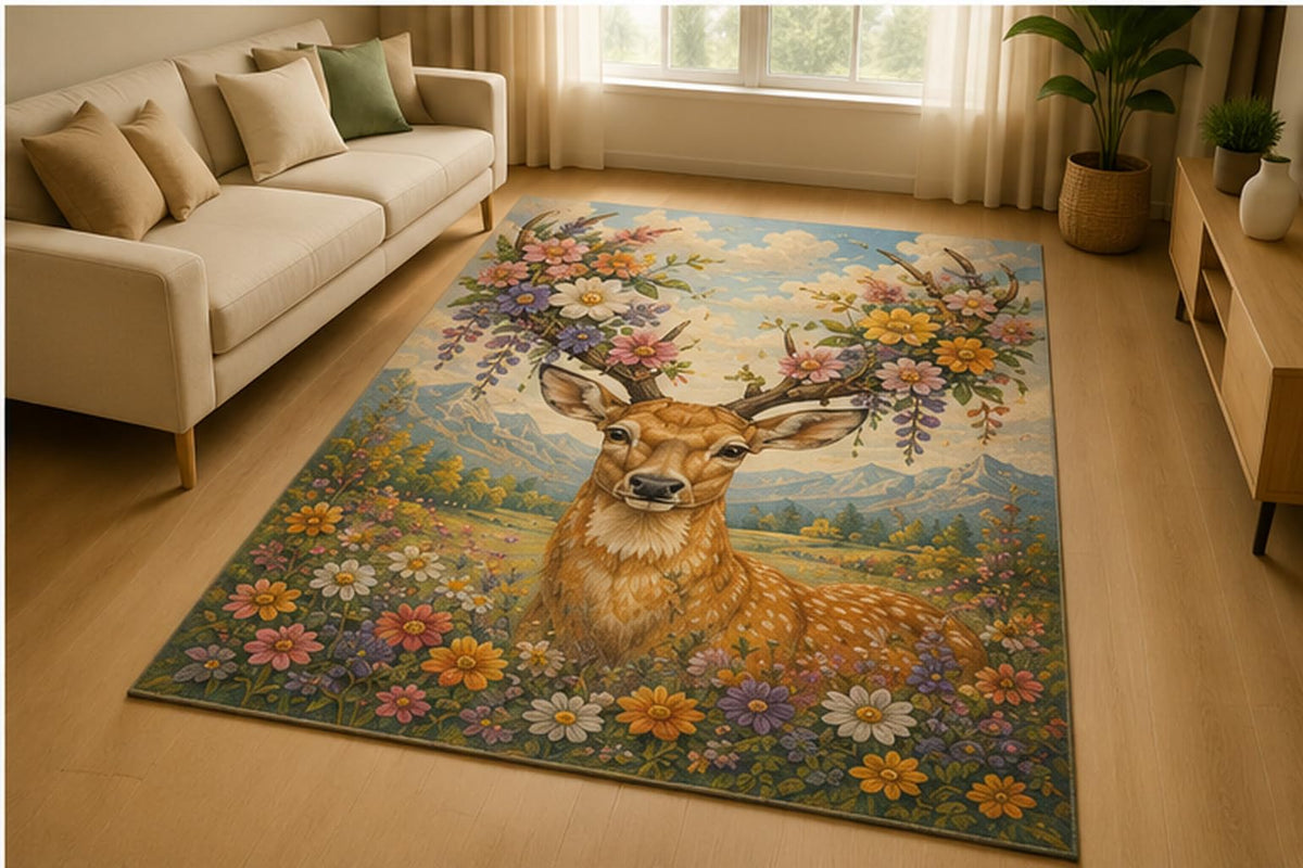 ICE ARMOR 5' x 7' Floral Deer Wildflower Meadow Area Rug for Living Room, Soft Low Pile Indoor Rug with Non-Slip Silicone Backing, Woodland Nature Decor for Bedroom, Nursery, Kids & Pets, Beige