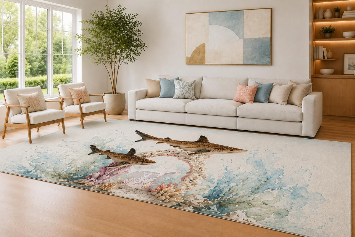 ICE ARMOR Large 6'7" x 9'10" Sand and Aqua Coastal Shark Area Rug for Living Room, Soft Low Pile Carpet with Non-Slip Silicone Backing, Decor for Bedroom and Home Office