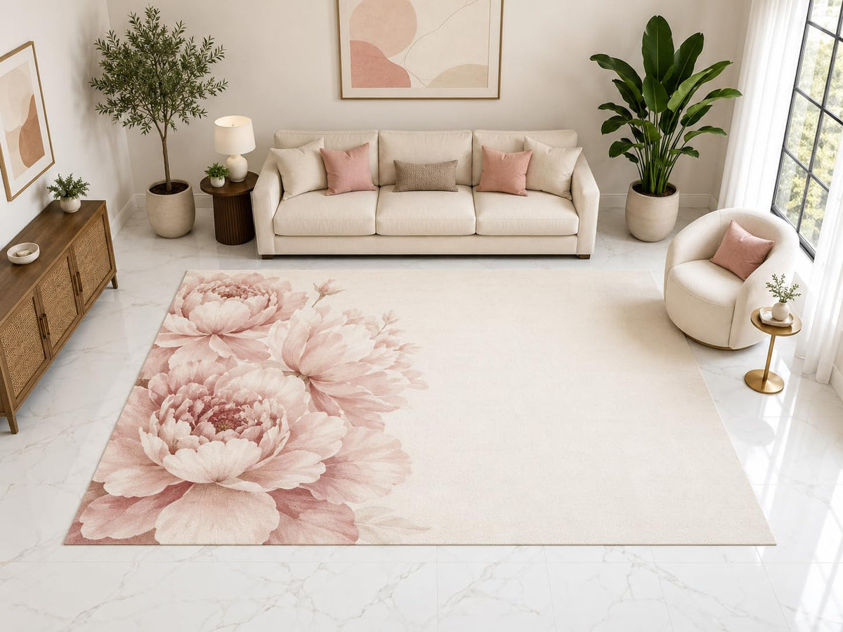 ICE ARMOR "Ultra Light Weight Large 6'7" x 9'10" Peony Floral Rug, Soft Low Pile Indoor Rug, Non-Slip Silicone Backing for Living Room Pink Cream