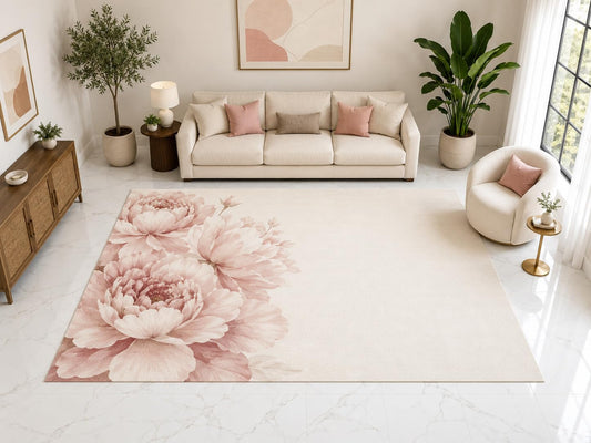 ICE ARMOR "Ultra Light Weight Large 6'7" x 9'10" Peony Floral Rug, Soft Low Pile Indoor Rug, Non-Slip Silicone Backing for Living Room Pink Cream