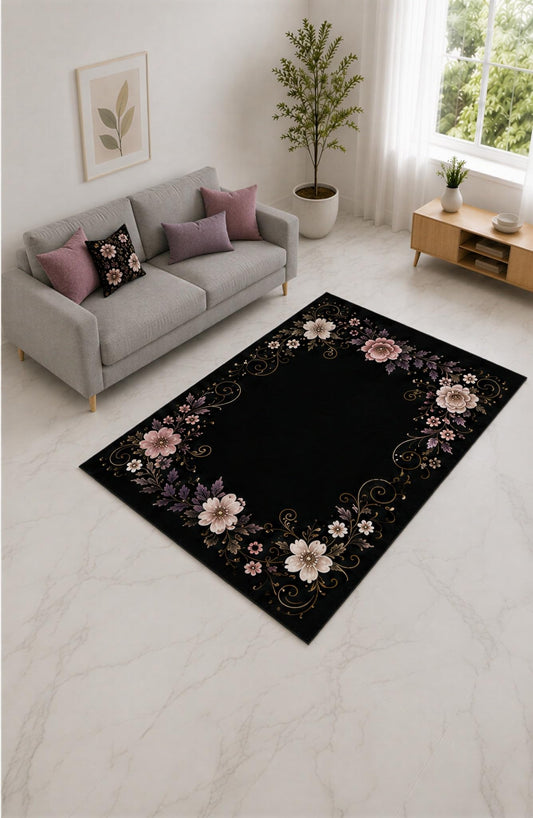 ICE ARMOR "Ultra Lightweight 5' x 7' Black and Mauve Ornate Bloom Frame Area Rug for Living Room, Bedroom and Home Office, Soft Low Pile Carpet with Non-Slip Silicone Backing