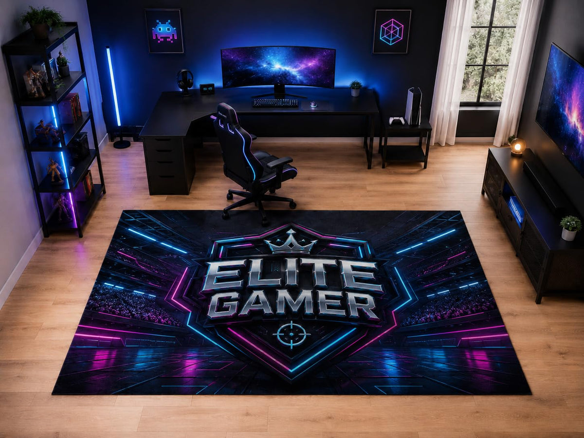 ICE ARMOR "Ultra Light Weight Large 6'7" x 9'10" Elite Gamer Neon Rug, Soft Low Pile Indoor Rug, Non-Slip Silicone Backing for Kids Room Black