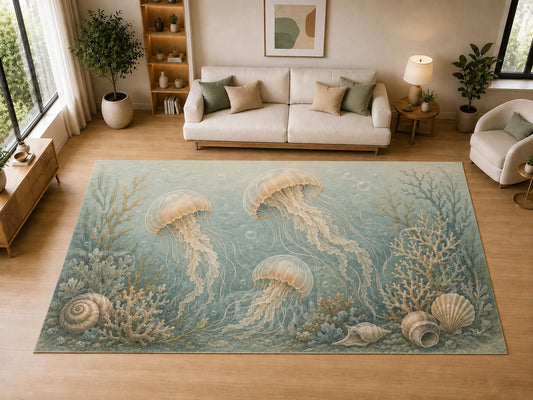 ICE ARMOR "Ultra Light Weight Large 6'7" x 9'10" Jellyfish Coral Coastal Decor, Living Room, Bedroom, Dining Room, Office, Family Room, Soft Low Pile Indoor Rug, Non-Slip Silicone Backing, Aqua