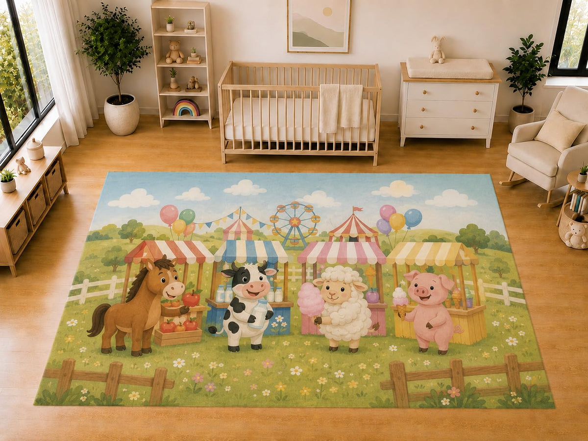 ICE ARMOR "Ultra Light Weight Large 6'7 x 9'10 Farm Fair Animals Area Rug for Kids Room Nursery Playroom Soft Low Pile Indoor Carpet Cute Carnival Floor Decor