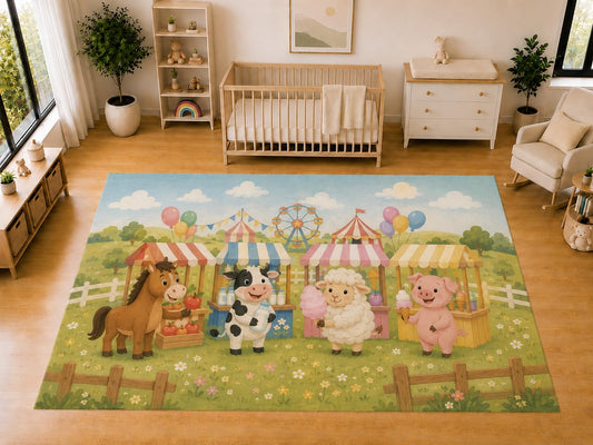 ICE ARMOR "Ultra Light Weight Large 6'7 x 9'10 Farm Fair Animals Area Rug for Kids Room Nursery Playroom Soft Low Pile Indoor Carpet Cute Carnival Floor Decor
