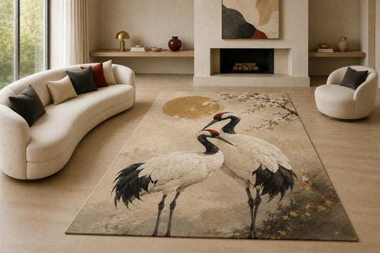 ICE ARMOR "Ultra Lightweight Large 6'7" x 9'10" Japanese Crane Pair Area Rug for Living Room, Bedroom and Home Office, Soft Low Pile Carpet with Non-Slip Silicone Backing, White and Beige