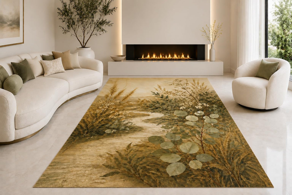 ICE ARMOR "Ultra Lightweight Large 6'7" x 9'10" Meadow Botanicals Area Rug for Living Room, Bedroom and Home Office, Soft Low Pile Carpet with Non-Slip Silicone Backing, Olive and Beige