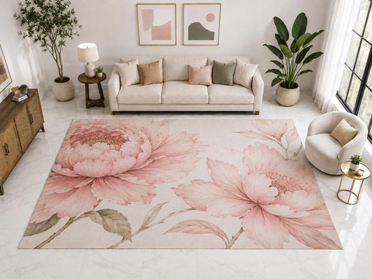 ICE ARMOR "Ultra Light Weight Large 6'7" x 9'10" Peony Blossom Floral Rug, Soft Low Pile Indoor Rug, Non-Slip Silicone Backing for Living Room Pink