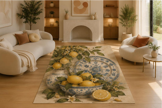 ICE ARMOR 5' x 7' Mediterranean Lemon Blue Pottery Area Rug, Soft Low Pile Non-Slip Indoor Carpet for Living Room, Kitchen, Dining Room, Bedroom and Italian Farmhouse Home Decor, Yellow