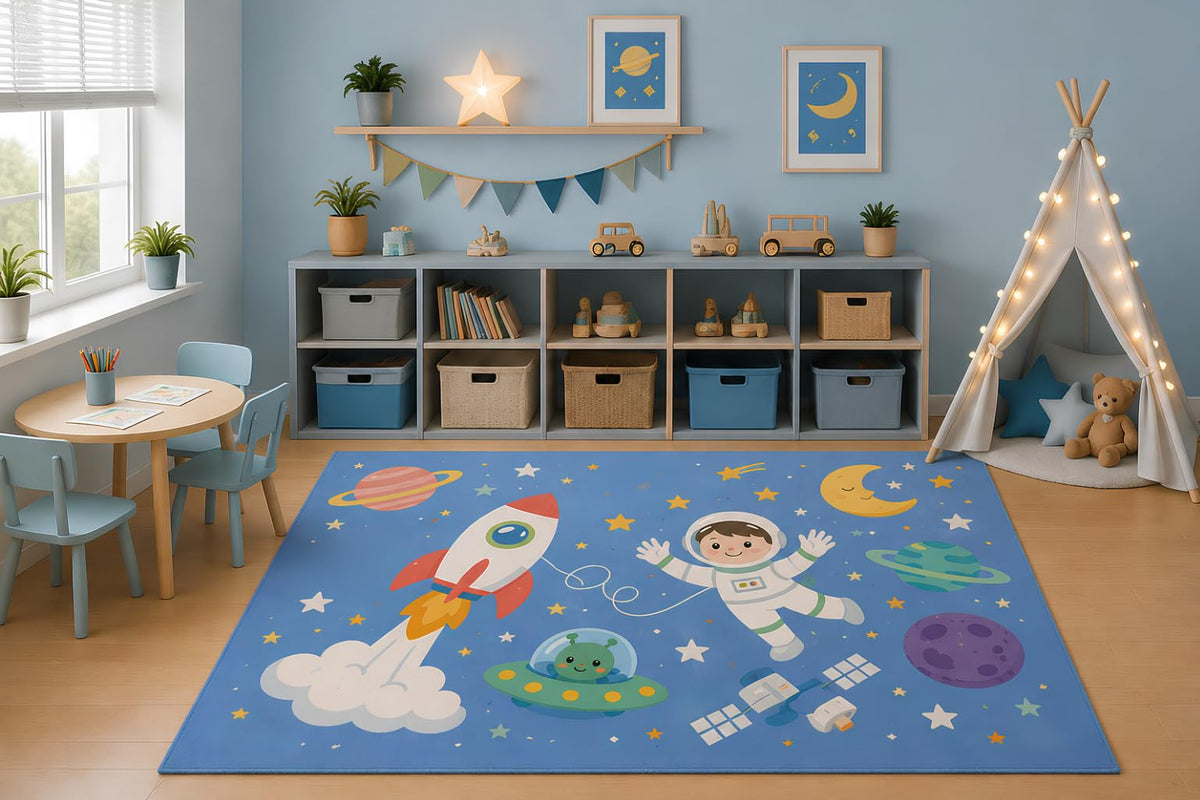 ICE ARMOR 5' x 7' Space Adventure Area Rug for Kids Playroom Bedroom Nursery, Astronaut Rocket Planets Galaxy Cartoon Carpet, Non-Slip Silicone Backing Low Pile