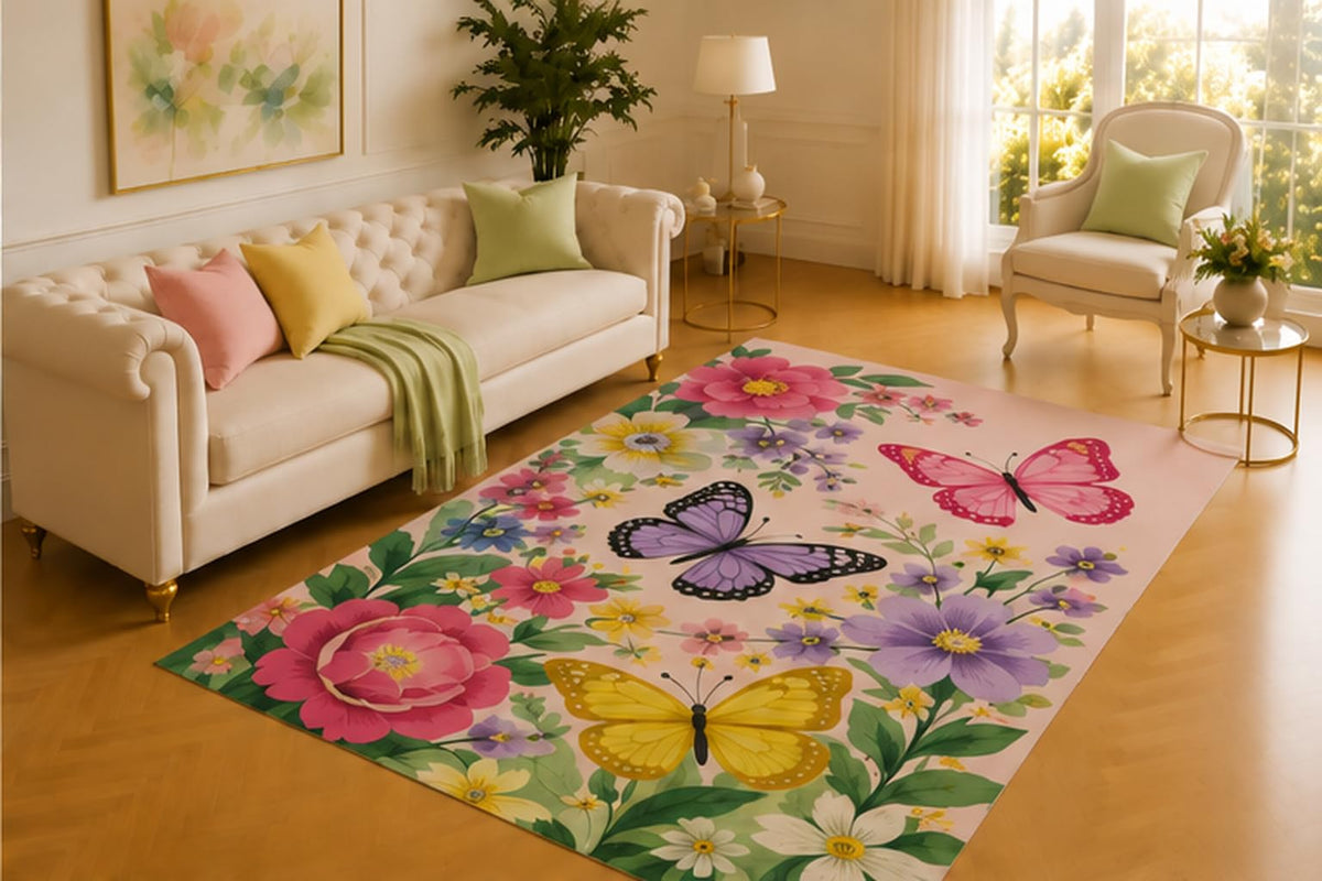 ICE ARMOR 5' x 7' Butterfly Garden Rug, Pink, Purple and Yellow Wings Among Peonies and Daisies, Charming Floor Decor for Bedroom, Nursery or Sunny Sunroom