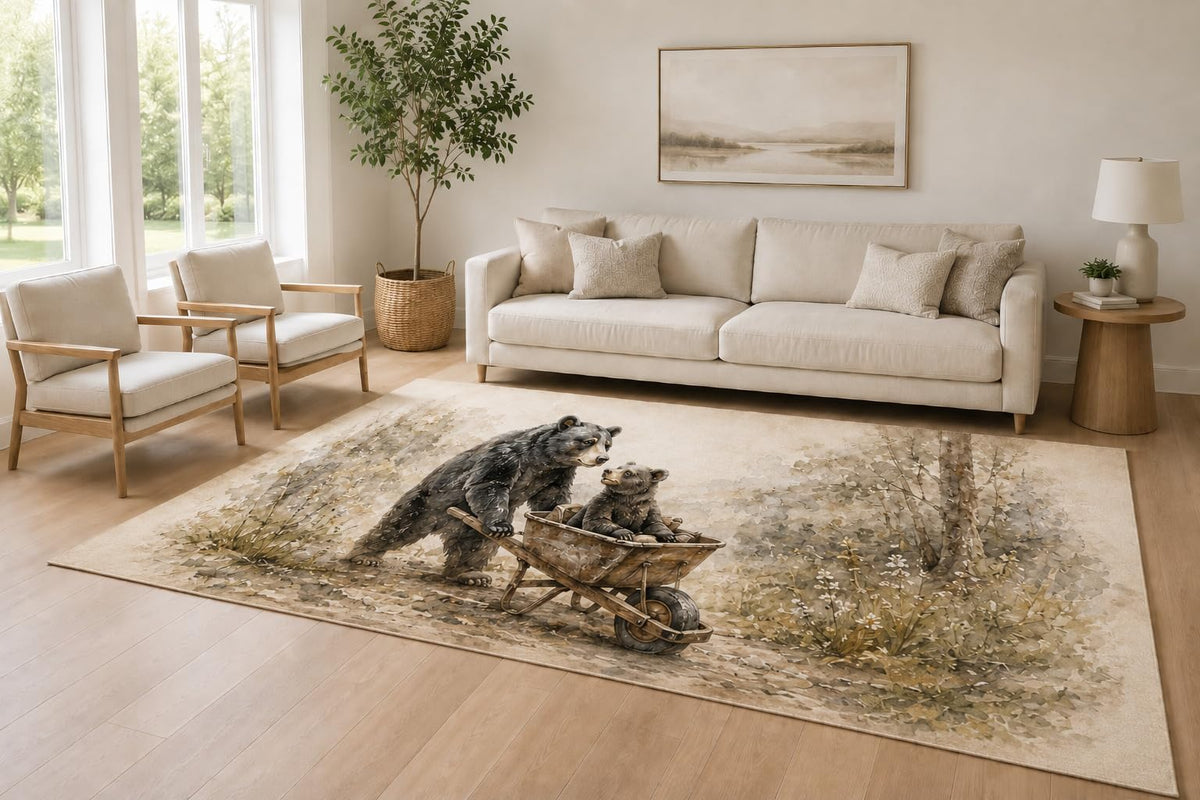 ICE ARMOR Large 6'7" x 9'10" Beige and Brown Bear Cub Accent Area Rug for Living Room, Soft Low Pile Carpet with Non-Slip Silicone Backing, Decor for Bedroom and Home Office