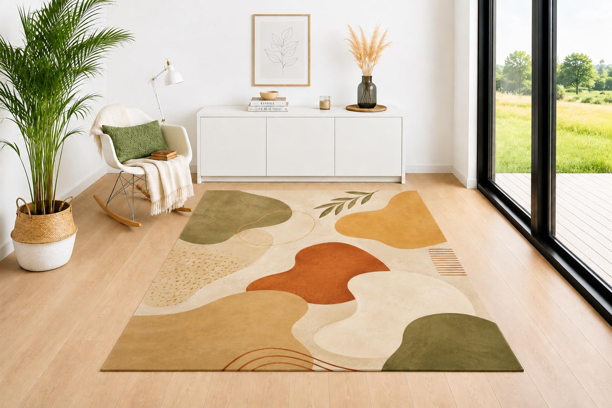 ICE ARMOR 5' x 7' Mid Century Area Rug, Modern Organic Shapes Pattern in Olive Green Mustard Terracotta Beige and Cream, Soft Low Pile Carpet for Living Room Bedroom Office Decor