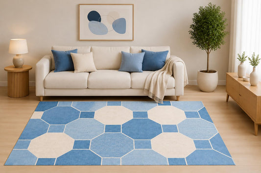 ICE ARMOR 5' x 7' Octagon Geometric Area Rug, Soft Blue White Modern Minimalist Pattern for Living Room Bedroom Office, Non-Slip Silicone Backing, Low Pile Carpet