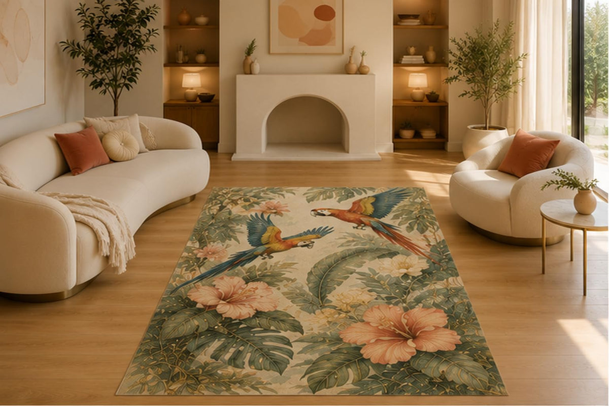 ICE ARMOR 5' x 7' Tropical Macaw Hibiscus Area Rug, Soft Low Pile Indoor Rug with Non-Slip Silicone Backing for Living Room, Bedroom, Dining Room & Office, Green Coral